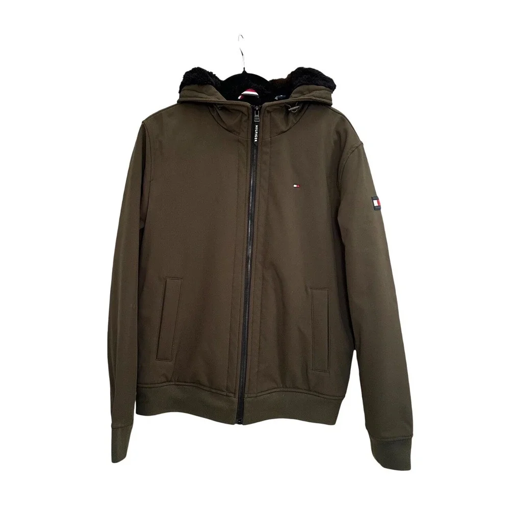Tommy Hilfiger Men Olive Green 3 Layer Fabric Water Wind Resistant Jacket Hood M